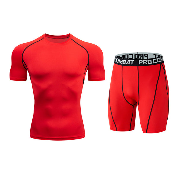 Onvtto - 2 Pcs Short Tshirt and Pants Cool Dry Compression Sportswear Sweatsuit Set Baselayer Top Bottoms