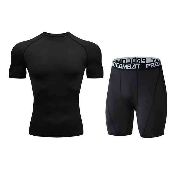 Onvtto - 2 Pcs Short Tshirt and Pants Cool Dry Compression Sportswear Sweatsuit Set Baselayer Top Bottoms