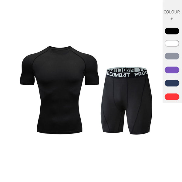 Onvtto - 2 Pcs Short Tshirt and Pants Cool Dry Compression Sportswear Sweatsuit Set Baselayer Top Bottoms