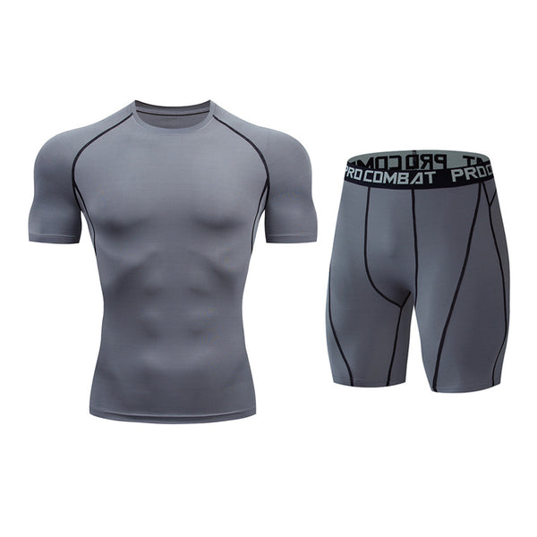 Onvtto - 2 Pcs Short Tshirt and Pants Cool Dry Compression Sportswear Sweatsuit Set Baselayer Top Bottoms