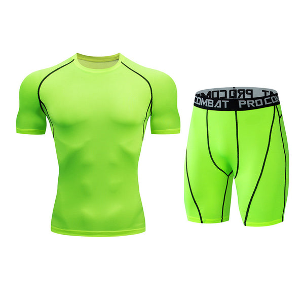 Onvtto - 2 Pcs Short Tshirt and Pants Cool Dry Compression Sportswear Sweatsuit Set Baselayer Top Bottoms