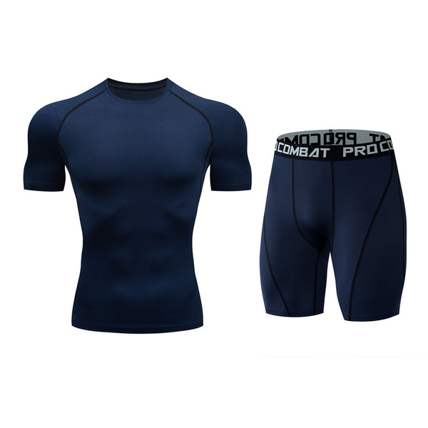 Onvtto - 2 Pcs Short Tshirt and Pants Cool Dry Compression Sportswear Sweatsuit Set Baselayer Top Bottoms