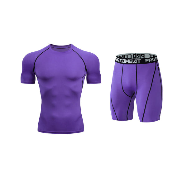 Onvtto - 2 Pcs Short Tshirt and Pants Cool Dry Compression Sportswear Sweatsuit Set Baselayer Top Bottoms