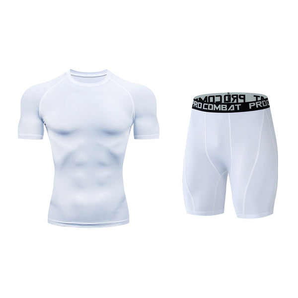 Onvtto - 2 Pcs Short Tshirt and Pants Cool Dry Compression Sportswear Sweatsuit Set Baselayer Top Bottoms